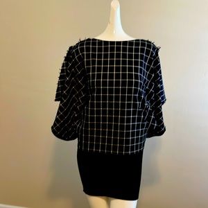 Robert Rodriguez black white top frayed slit dolmen sleeve blouse XS EC